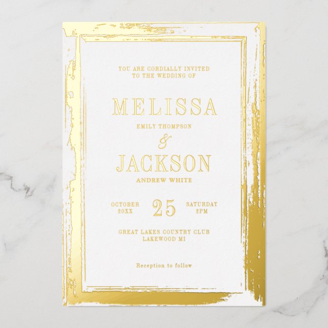 Invitación Con Relieve Metalizado Boda de marco dorado moderno (Anverso)