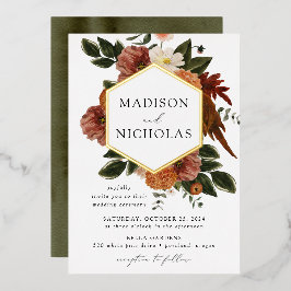 Invitación Con Relieve Metalizado Boda de Marco Floral Boho Otoño