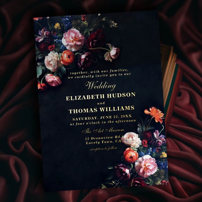 Invitación Con Relieve Metalizado Boda de marco floral de Moody Romance (dark romantic wedding invitation fairytale romance black navy dutch floral frame painting gold foil)