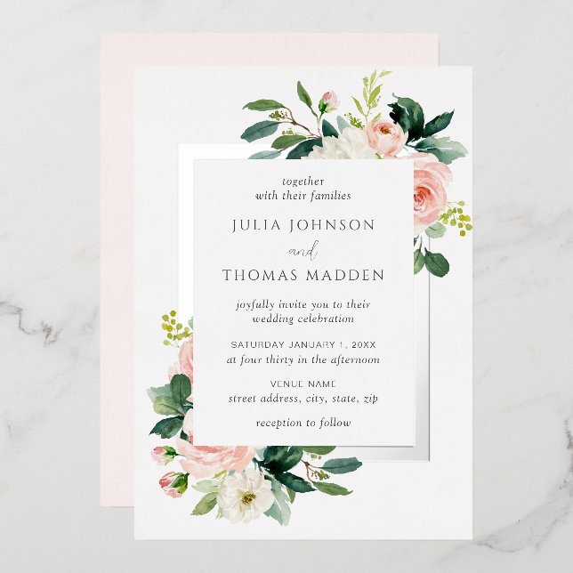 Invitación Con Relieve Metalizado Boda de marco floral rosa Rubor (Anverso/Reverso)