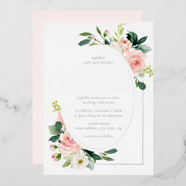 Invitación Con Relieve Metalizado Boda de marco floral rosado Rubor plateado (Anverso/Reverso)