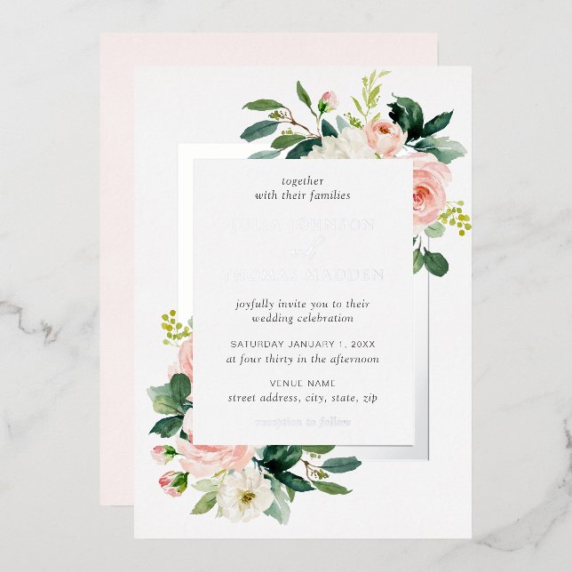 Invitación Con Relieve Metalizado Boda de marco floral rosado Rubor plateado (Anverso/Reverso)