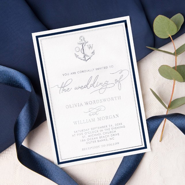 Invitación Con Relieve Metalizado Boda de marco monograma de anclaje naumático plate (Subido por el creador)