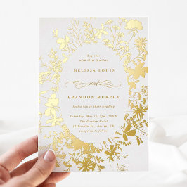 Invitación Con Relieve Metalizado Boda de marco ovalado de silueta de flor silvestre