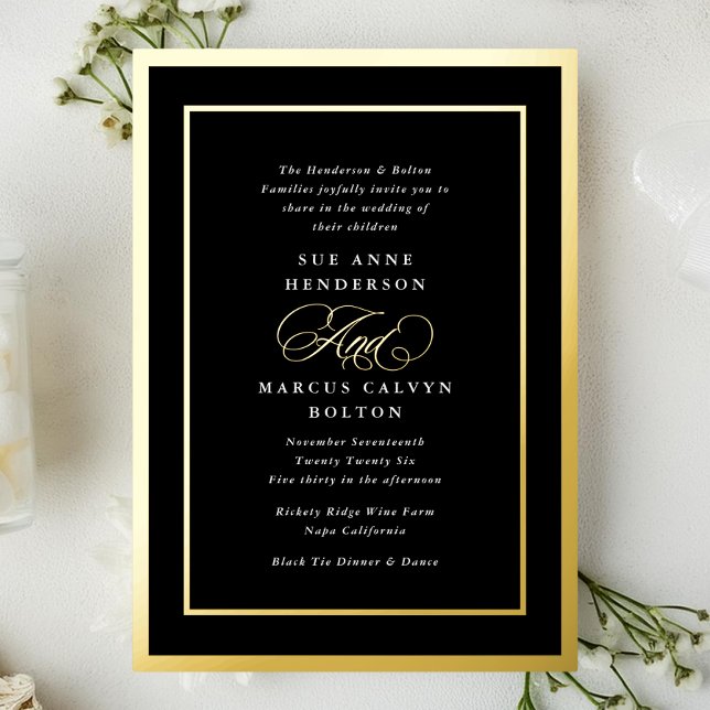 Invitación Con Relieve Metalizado Boda de marcos dorados formales en blanco y negro (Subido por el creador)