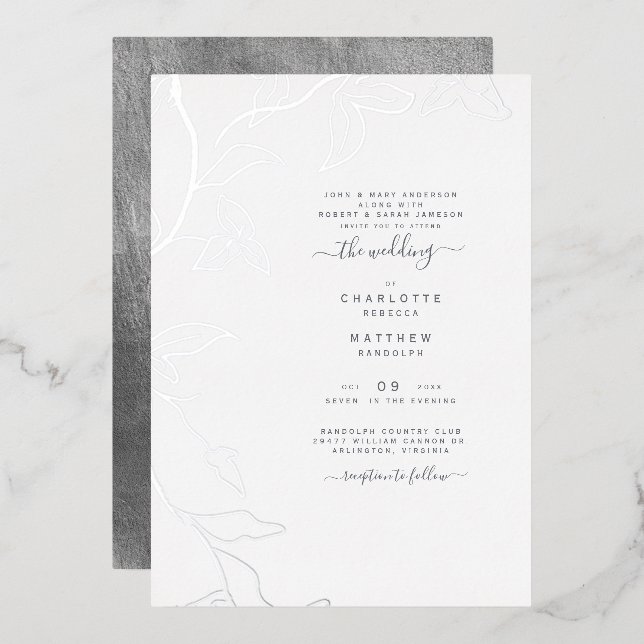 Invitación Con Relieve Metalizado Boda de marfil con goteo plateado (Anverso/Reverso)