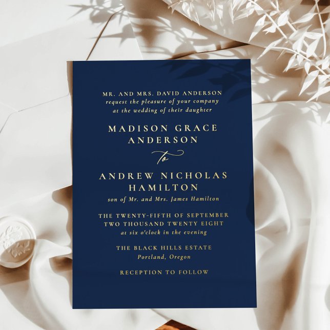 Invitación Con Relieve Metalizado Boda de Marina Mínima Moderna y Caligrafía de Oro (Subido por el creador)