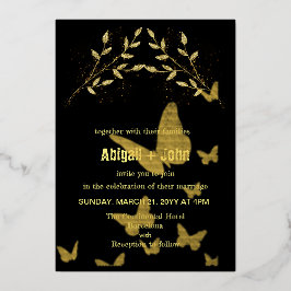 Invitación Con Relieve Metalizado Boda de mariposa de rama dorada