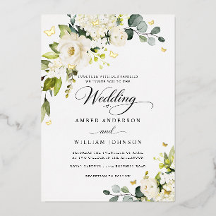 Invitación Con Relieve Metalizado Boda de mariposa floral de marfil dorado