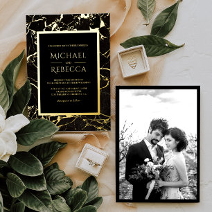Invitación Con Relieve Metalizado Boda de mármol negro moderno con oro