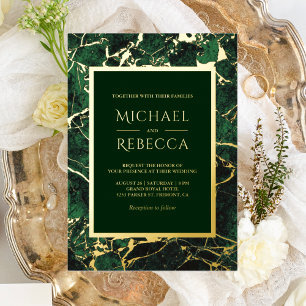 Invitación Con Relieve Metalizado Boda de mármol verde esmeralda moderno dorado