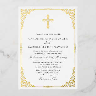 Invitación Con Relieve Metalizado Boda de Misa Católica Elegante