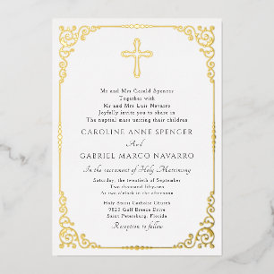 Invitación Con Relieve Metalizado Boda de Misa Católica Elegante