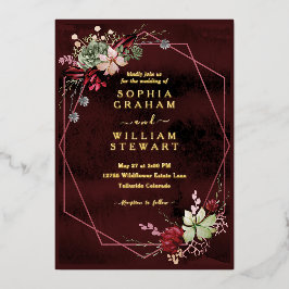 Invitación Con Relieve Metalizado Boda de Moda floral de color burdeos rubio