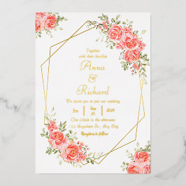 Invitación Con Relieve Metalizado Boda de moda geométrica de oro floral rosa boho