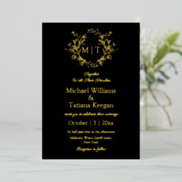Invitación Con Relieve Metalizado boda de monograma botánico moderno en negro y dora