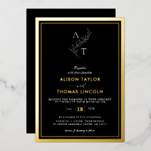 Invitación Con Relieve Metalizado Boda de monograma clásico con marco dorado real
