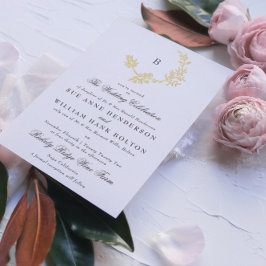 Invitación Con Relieve Metalizado Boda de Monograma Clásico Corona Floral de Oro