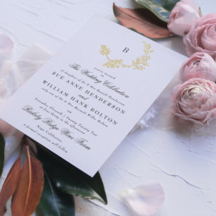 Invitación Con Relieve Metalizado Boda de Monograma Clásico Corona Floral de Oro
