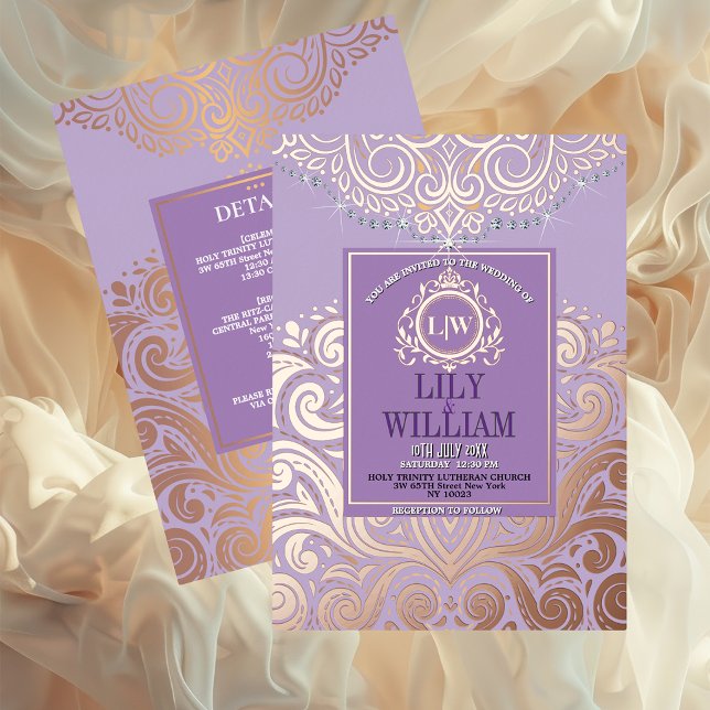 Invitación Con Relieve Metalizado Boda de Monograma Clásico RosaGold de Lavanda Polv (Luxurious Elegant Classic Boho Wedding Invitation - Real Foil and Monogram)