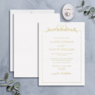 Invitación Con Relieve Metalizado Boda de Monograma con Borde Floral Dorado