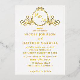 Invitación Con Relieve Metalizado Boda de Monograma de Amor Elegante con Hojas de Or