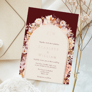 Invitación Con Relieve Metalizado Boda de monograma de arco de Floral Otoño Burgundy