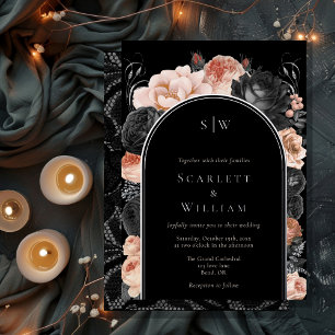 Invitación Con Relieve Metalizado Boda de monograma de arco negro vintage gótico FOI
