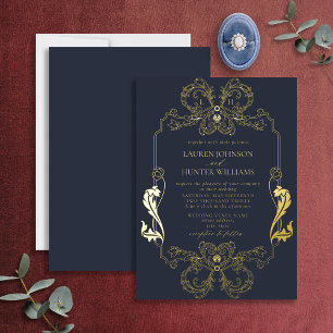 Invitación Con Relieve Metalizado Boda de Monograma de Arte de Línea Floral Azul Dor