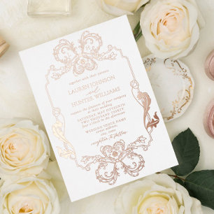 Invitación Con Relieve Metalizado Boda de Monograma de Arte de Línea Floral de Oro R