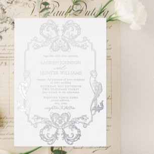 Invitación Con Relieve Metalizado Boda de Monograma de Arte de Línea Floral de Plata