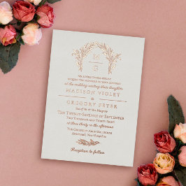 Invitación Con Relieve Metalizado Boda de Monograma de Corona de Laurel en Rosa de O