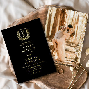 Invitación Con Relieve Metalizado Boda de Monograma de Cresta de Foto de Oro Real