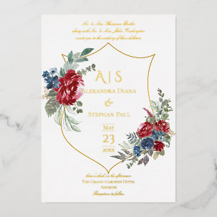 Invitación Con Relieve Metalizado Boda de monograma de cresta floral magenta vintage