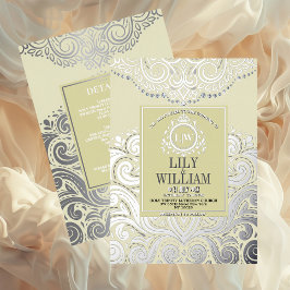 Invitación Con Relieve Metalizado Boda de Monograma de Diamante Artdeco Elegante de