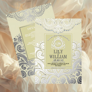 Invitación Con Relieve Metalizado Boda de Monograma de Diamante Artdeco Elegante de 