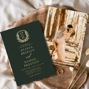 Invitación Con Relieve Metalizado Boda de Monograma de Foto con Hojuela de Oro Verde