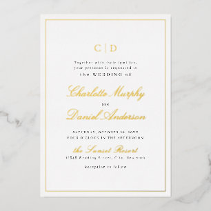 Invitación Con Relieve Metalizado Boda de Monograma de Guión Clásico de Oro