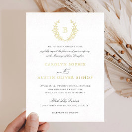 Invitación Con Relieve Metalizado Boda de Monograma de Hoja de Cresta de Papel de Or