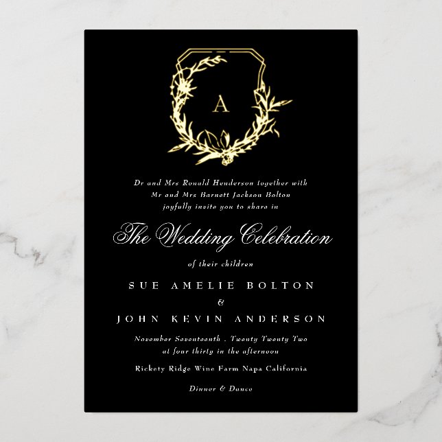 Invitación Con Relieve Metalizado boda de monograma de oro blanco negro clásico (Anverso)