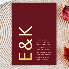 Invitación Con Relieve Metalizado Boda de Monograma de Oro REAL Moderno Granate Borg