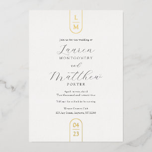 Invitación Con Relieve Metalizado Boda de Monograma de Pan de Oro Simple Moderno