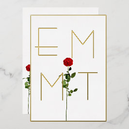 Invitación Con Relieve Metalizado Boda de Monograma de Tallo de Rosa Chic Elegante