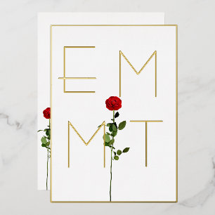 Invitación Con Relieve Metalizado Boda de Monograma de Tallo de Rosa Chic Elegante