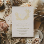 Invitación Con Relieve Metalizado Boda de Monograma Distinguido Gold<br><div class="desc">Invitaciones de boda modernas en Relieve metalizado dorado con un elegante laurel dibujado a mano alrededor de las iniciales de la pareja. Personalizar tu texto y colores para que se ajusten a tu estilo. Se ofrece la suite de fiestas de boda completa.</div>