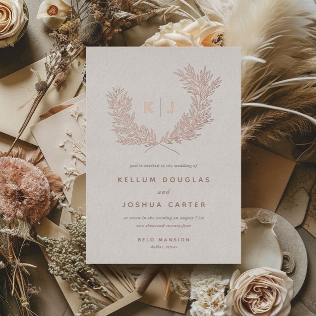 Invitación Con Relieve Metalizado Boda de Monograma Distinguido Rosa Gold (Distinguished monogram laurels rose gold foiled wedding invitations.)