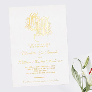 Invitación Con Relieve Metalizado Boda de Monograma Dorado de Vintage