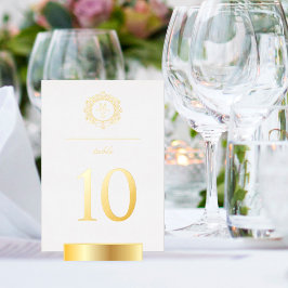 Invitación Con Relieve Metalizado Boda de monograma dorado Número de tabla
