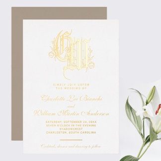 Invitación Con Relieve Metalizado Boda de Monograma Dorado Vintage