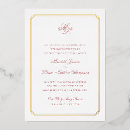 Invitación Con Relieve Metalizado Boda de monograma dorado y rosado con borde dorado